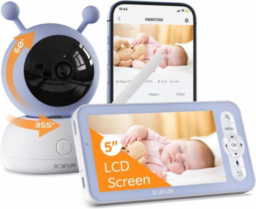 Boifun 5″ dětská chůvička s kamerou PTZ 1080P, sledování teploty a vlhkosti, mobilní aplikace